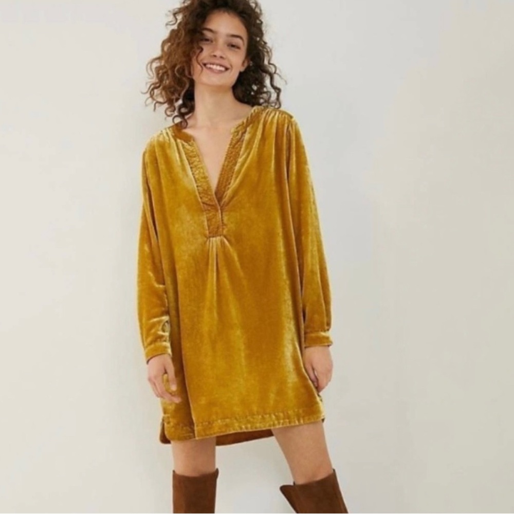 Anthropology gold velvet dress